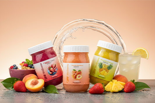 R102 Wellness sea moss gel jars with fresh tropical fruits and water splash — sea moss recipes for smoothies, oatmeal, lemonade, and more