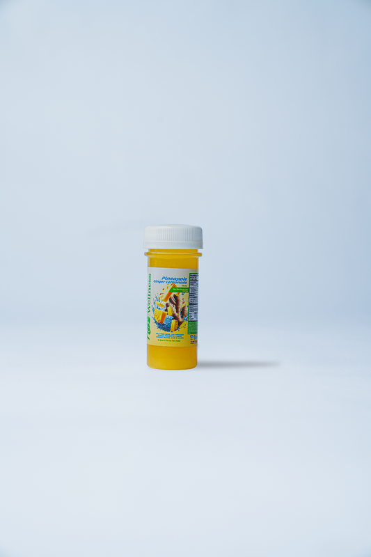 Yellow bottle with a label on a light blue background