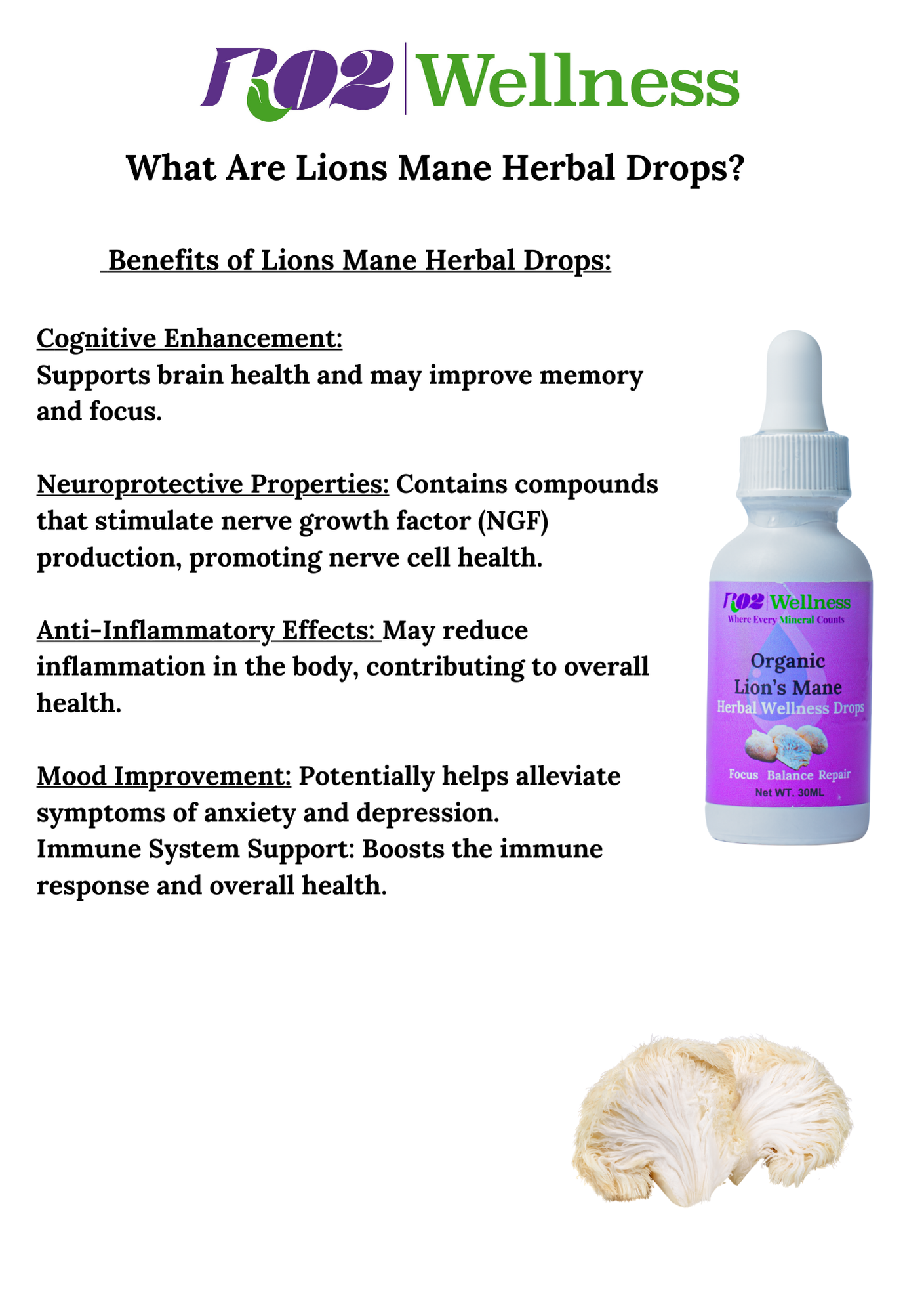 Lions Mane Herbal Drops with benefits listed on a white background
