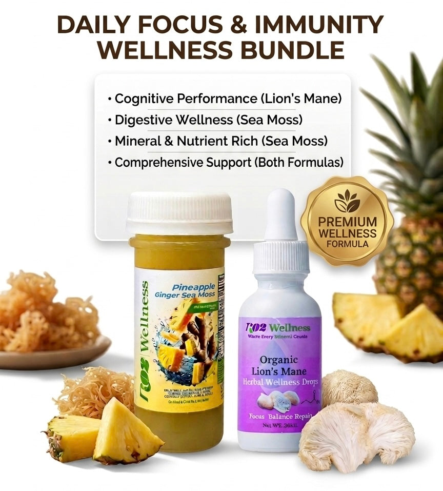 Wellness products including a bottle and a supplement with ingredients like sea moss and pineapple on a white background.