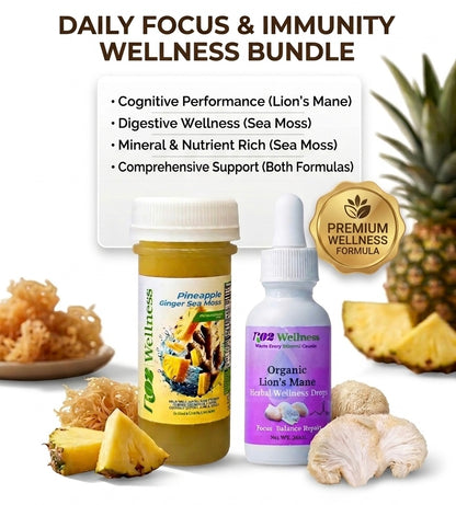 Wellness products including a bottle and a supplement with ingredients like sea moss and pineapple on a white background.