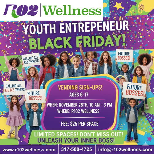 Advertisement for R102 Wellness Youth Entrepreneur Black Friday event with children holding signs.
